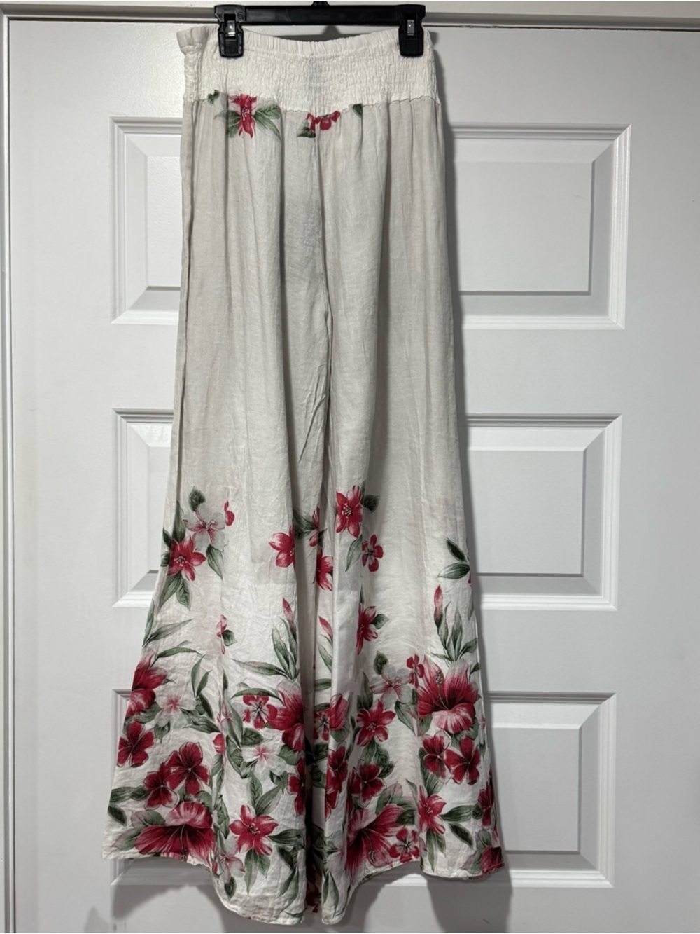 Wide-Leg Floral Border Linen Pants in Cream with Pink Floral - Picture 7 of 14